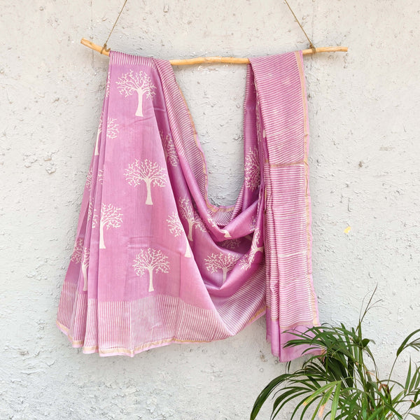 Aliya- Pure Chanderi Lavender Dabu Hand Block Printed Saree