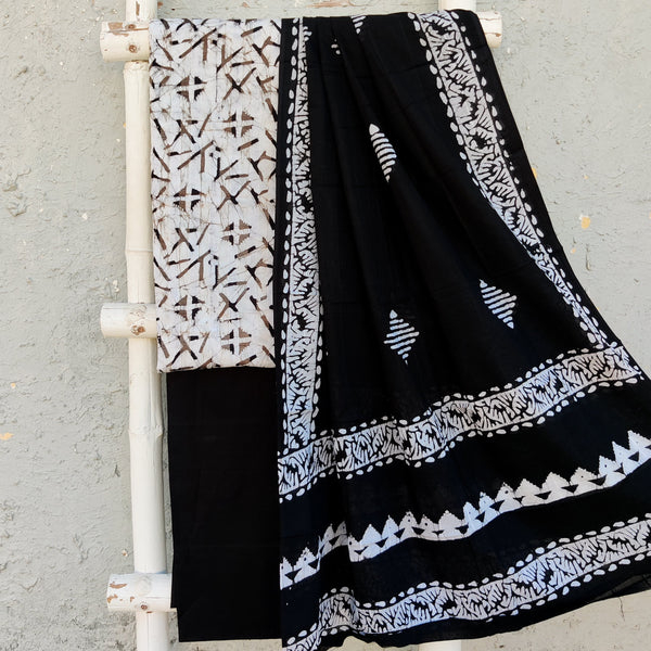 BATIK - Pure Cotton Cream Batik With Black Kashish Batik Motifs Top Fabric Plain Black Bottom And A Pure Cotton Batik Dupatta