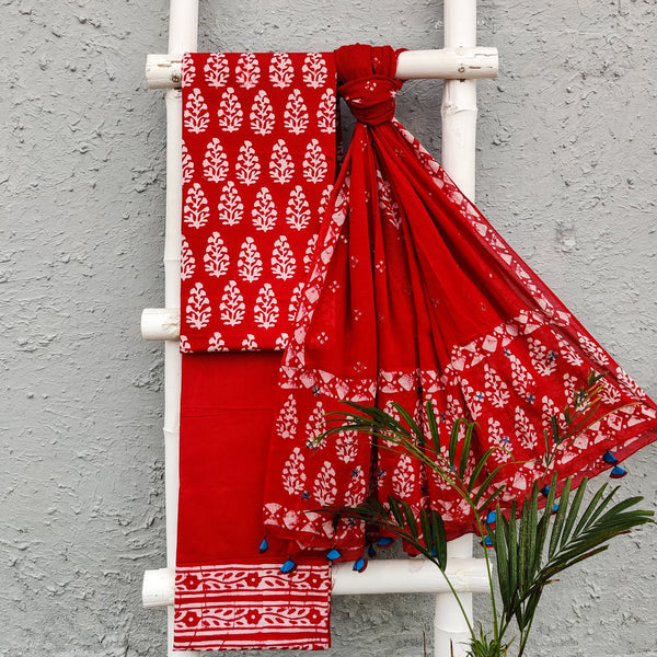 BATIK - Pure Cotton Red Batik Top And Bottom With Constrast Tassle Dupatta Everyday Wear Set