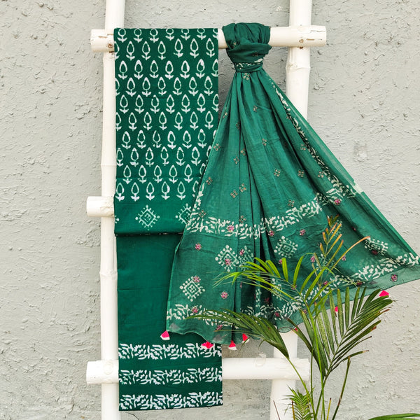 BATIK - Pure Cotton Teal Batik Top And Bottom With Constrast Tassle Dupatta Everyday Wear Set