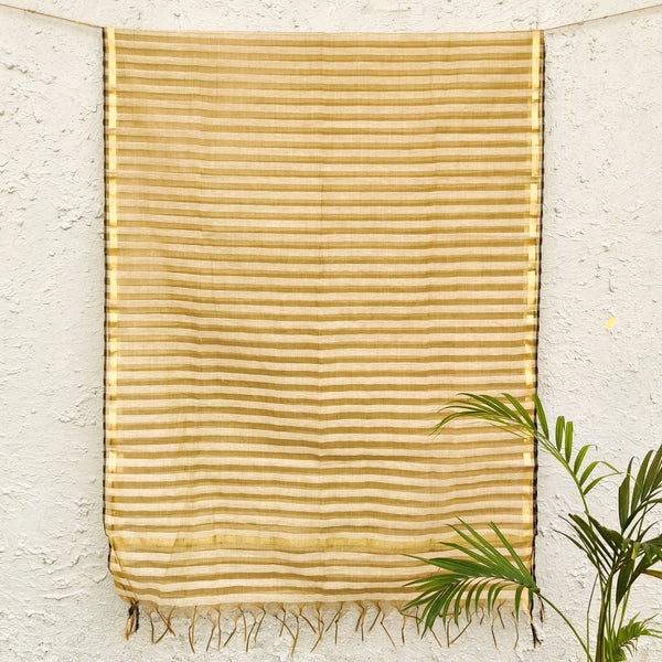 BUNNAI - Chanderi Beige Brown Golden Stripes Light Weight Dupatta