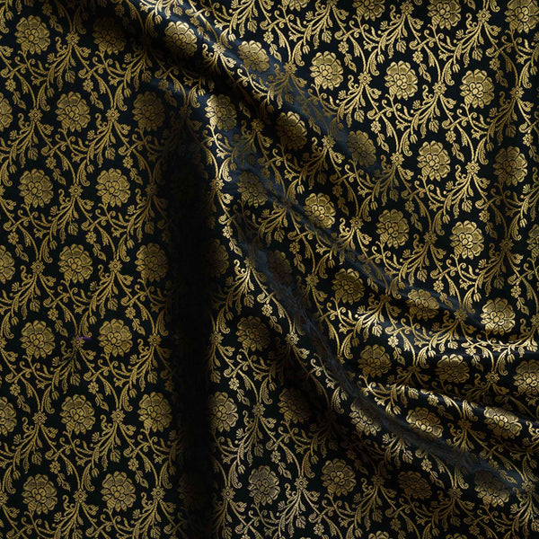 Banarasi Brocade Black With Gold Zari All Over Small Flower Bud Jaal Woven Fabric