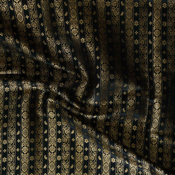 Banarasi Brocade Black With Gold Zari Stripes Border Woven Fabric