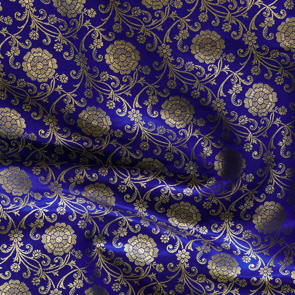 Banarasi Brocade Blue With Gold Zari All Over Flower Bud Jaal Woven Fabric