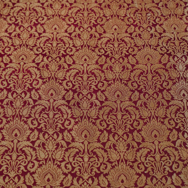 Banarasi Brocade Burgandy Maroon With Beige Gold Zari All Over Pattern Woven Fabric