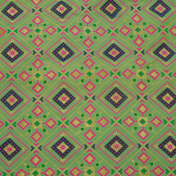 Banarasi Brocade Earthy Green Gold With Pink Green Patola Tile Woven Fabric