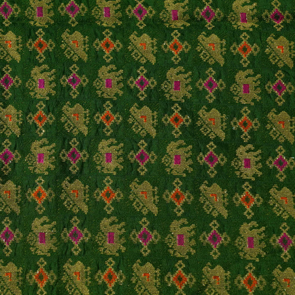 Banarasi Brocade Green With Gold Elephan And Bird Weaves Woven Fabric