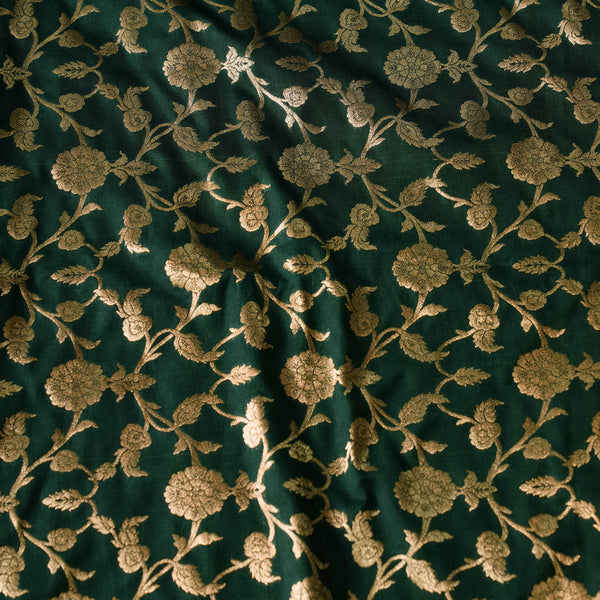 Banarasi Brocade Green With Gold Floral Jaal Woven Fabric