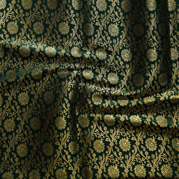 Banarasi Brocade Green With Gold Zari All Over Small Flower Bud Jaal Woven Fabric