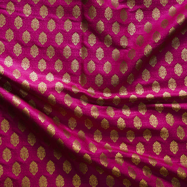 Banarasi Brocade Magenta With Gold Zari Flowerpot Motif Woven Fabric