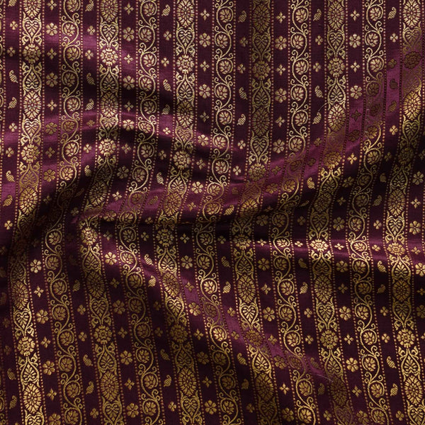 Banarasi Brocade Maroon With Gold Zari Stripes Border Woven Fabric