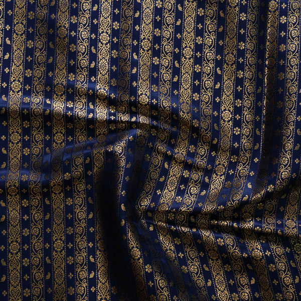 Banarasi Brocade Navy With Gold Zari Stripes Border Woven Fabric