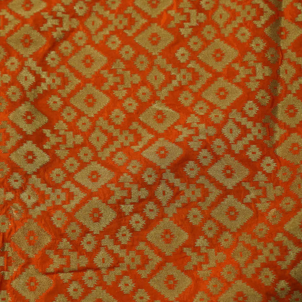 Banarasi Brocade Orange With Gold Geometric All Over Pattern Woven Fabric