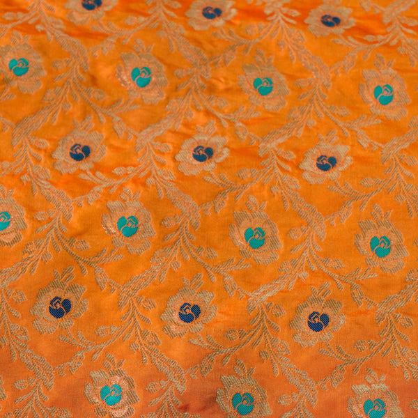 Banarasi Brocade Orange With Gold Teal Green Weaves Woven Fabric