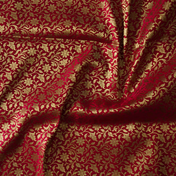 Banarasi Brocade Red With Gold Zari All Over Tiny Flower Jaal Woven Fabric