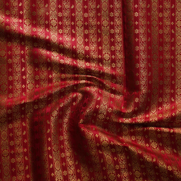 Banarasi Brocade Red With Gold Zari Stripes Border Woven Fabric