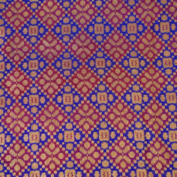 Banarasi Brocade With Purple Gold And Blue Tile Hand Block Print Fabric