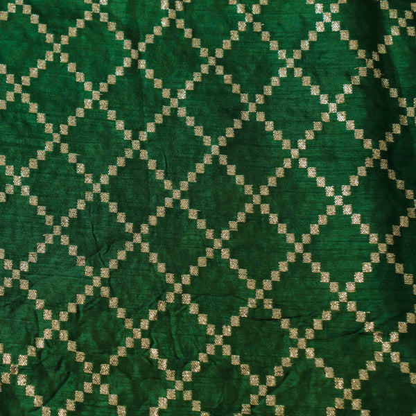 Banarasi Dola Silk Dark Green With Light Gold Checks Woven Fabric