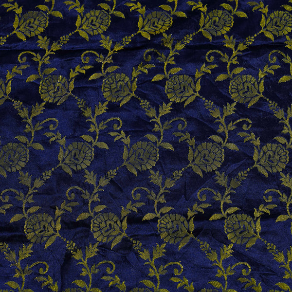 Banarasi Rayon Brocade Navy With Gold Floral Jaal Woven Fabric