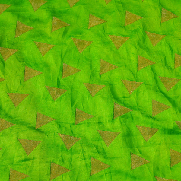 Banarasi Satin Brocade Green With Gold Triangles Weave Woven Fabric