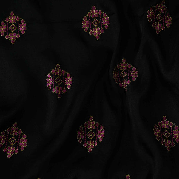 Black Nysa Mix Silk With Pink Embroidered Motifs