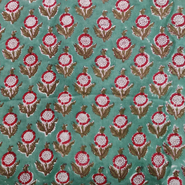 Blouse Piece 95 CM Pure Cotton Jaipuri Sea Green With Maroon Plant Hand Block Print Fabric