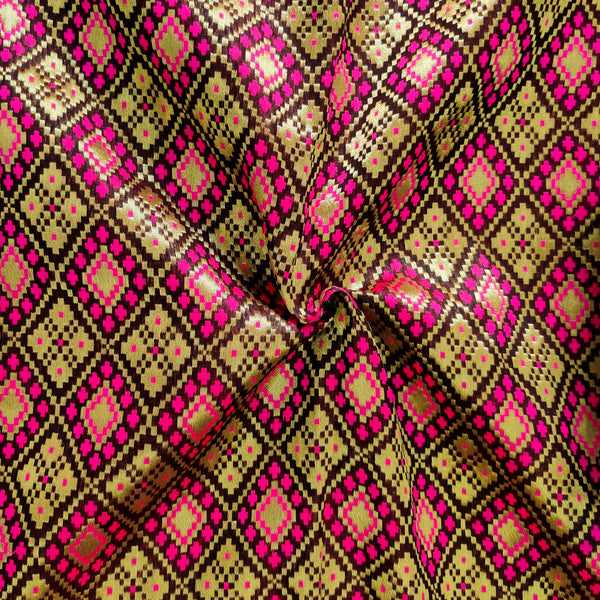 Brocade Brown With Gold And Pink Patola Woven Fabric