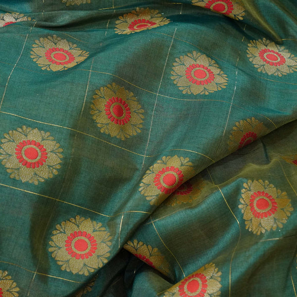 Brocade Dhup Chaav Teal Gold With Gold Checks And Alternate Pink Gold Flower Motifs Woven Fabric