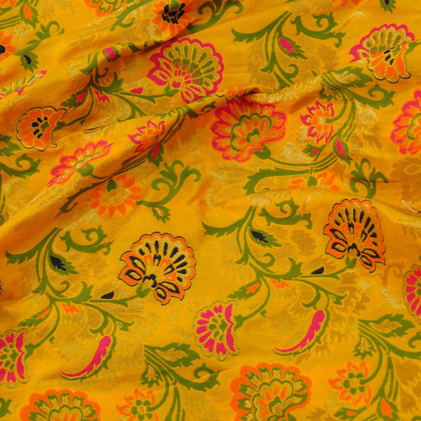 Brocade Haldi Yellow With Pink Green Blue Orange Woven Design