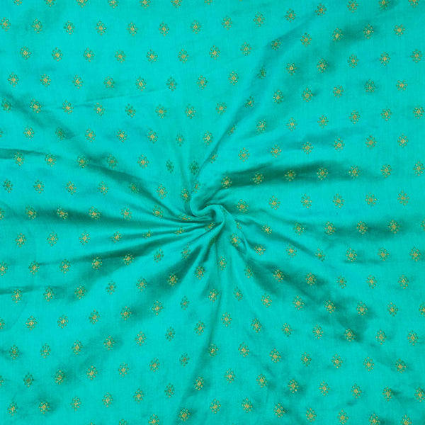 Brocade Light Blue Teal With Tiny Gold Dot Flower Motifs Woven Fabric