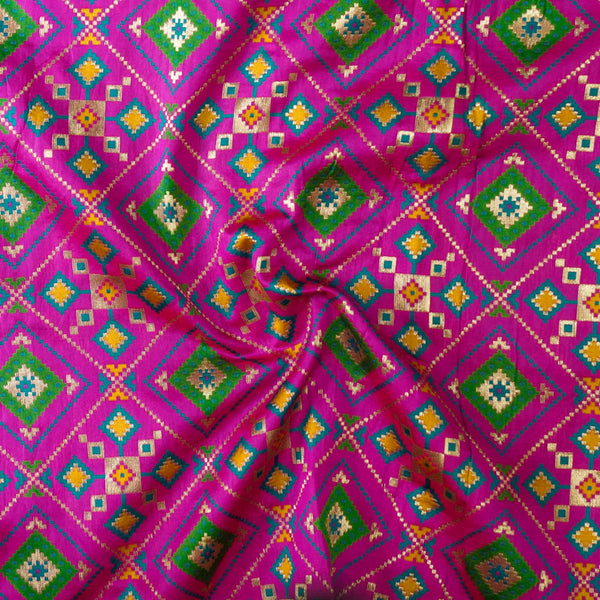 Brocade Magenta With Green Yellow Blue Patola Woven Fabric