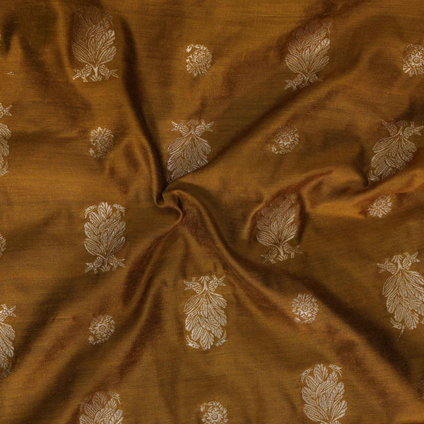 Brocade Mustard Brown With Gold Birds On Tree Motifs Woven Fabric