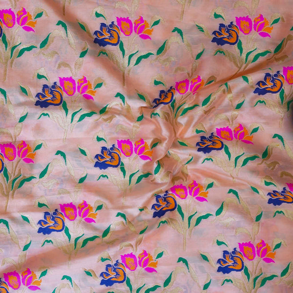 Brocade Pastel Pink With English Flowers Motifs Woven Fabric