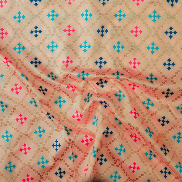 Brocade Peach With Gold Diagonal Checks With Pink Blue Teal Plus Woven Fabric