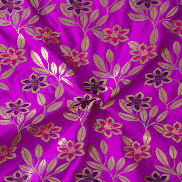 Brocade Pink With Blue And Magenta Flowers Woven Fabric