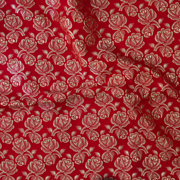 Brocade Red Fabric With Roses Woven Fabric