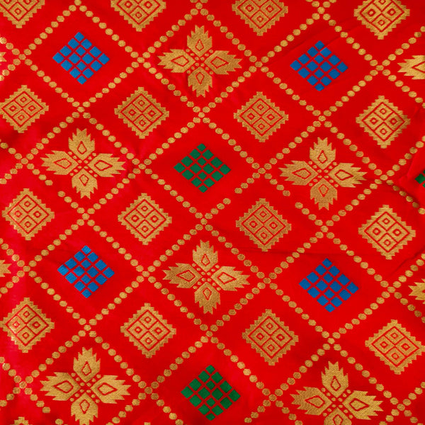 Brocade Red With Gold Blue And Green Patola Woven Fabric