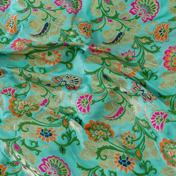 Brocade Sea Blue With Pink Green Blue Orange Woven Design