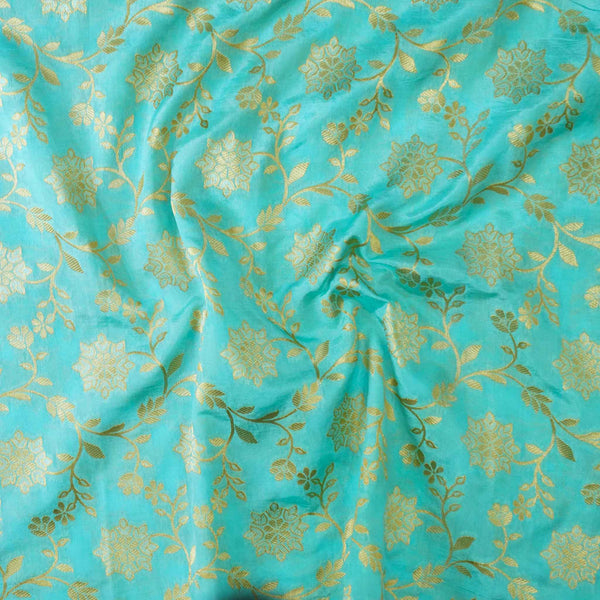 Brocade Sky Blue With Gold Jaal Hand Block Prnt Fabric