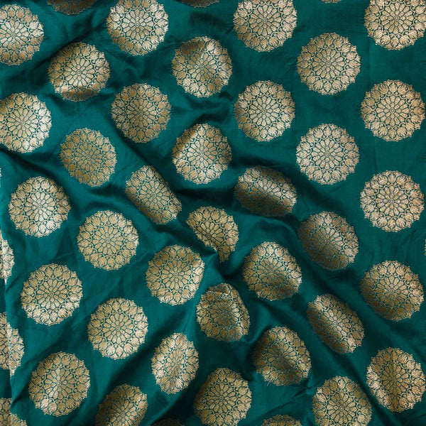 Brocade Teal With Gold Chakra Motifs Woven Fabric