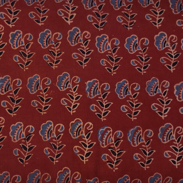 Precut 2 Meter Pure Cotton Rust With Blue Black Flowers Hand Block Print Fabric