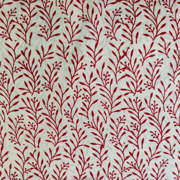 Pre-Cut (1.80 meter)Pure Cotton White Jaipuri With Red Grass Hand Block Print Fabric