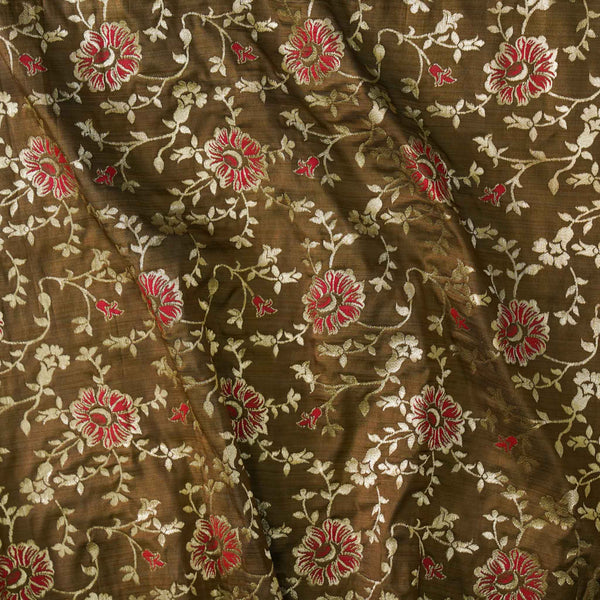 Brocade Rustic Brown With Woven Red Foral Jaal