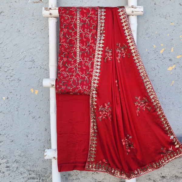 CHINNAR - Rayon Satin Red Top With Kashmiri Jaal All Over Embroidery Rayon Bottom And A Satin Chinnon Embroidered Dupatta