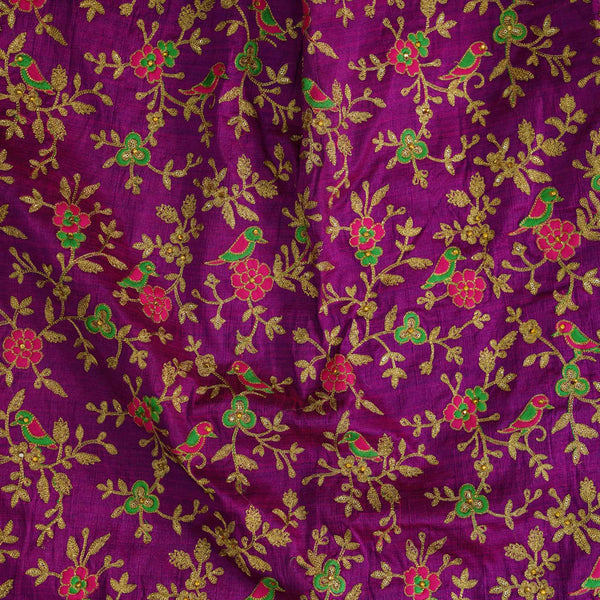 Cotton Silk Purple With Gold Zari Embroidered Jaal With Pink Green Birds Fabric