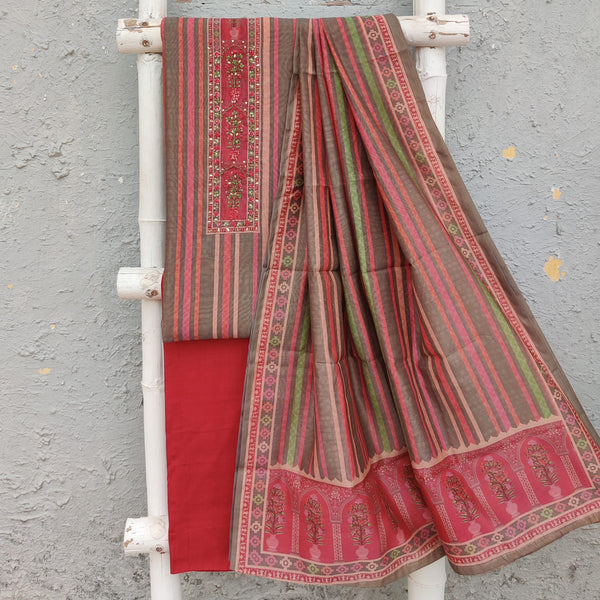 DAMINI - Digitally Printed Cotton Silk Stripes With Neck Embroidered Kurta Patti With Plain Peachy Red Rayon  Bottom And A Dgitally Printed Dupatta