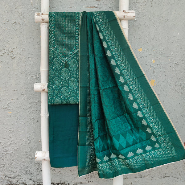 DAMINI - Teal Dark Green Cotton Silk Digitally Printed Top And Dupatta With A Plain Teal Bottom Suit Set