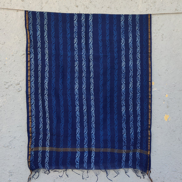 DHAARA - Chanderi Akola Indigo With Creeper Stripes Hand Block Printed Dupatta