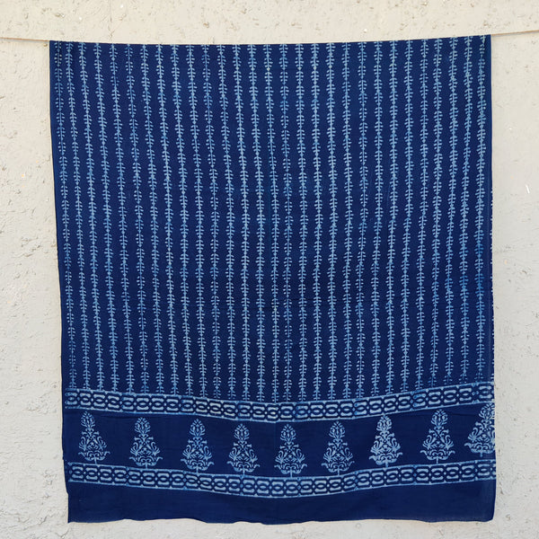 DHAARA - Pure Cotton Akola Indigo With Leaf Stripes Hand Block Printed Dupatta