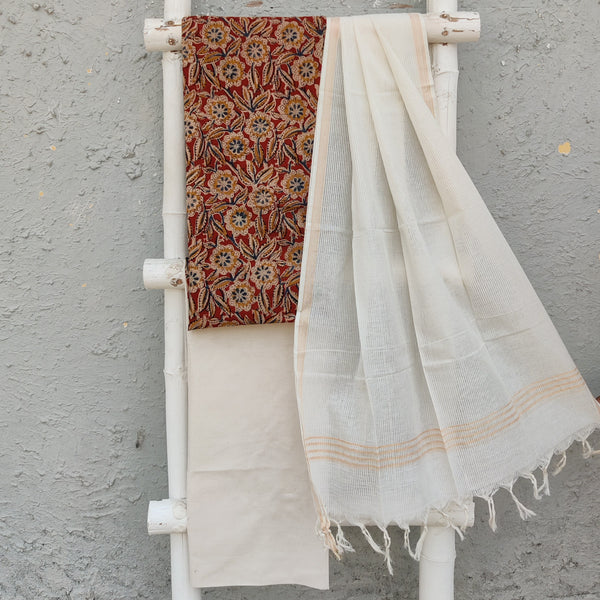 DURVA- Everyday Wear Simple Ikkat And Kalamkari Dual Top With Cream Bottom And Handloom Dupatta